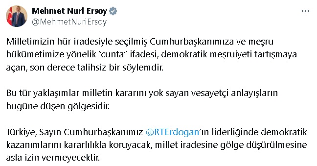 Bakan Ersoy: Cumhurbaşkanımıza yönelik ‘cunta’ ifadesi, son derece talihsiz bir söylemdir