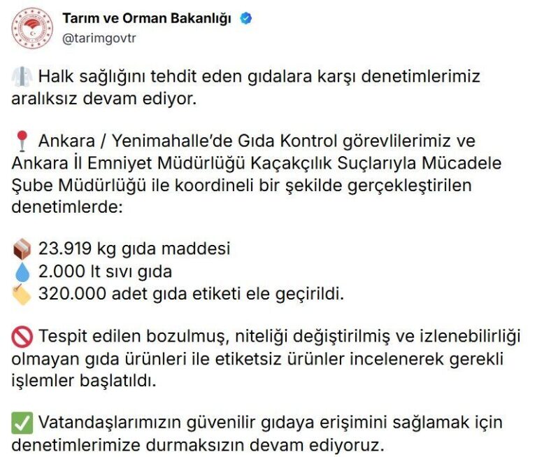 Ankara’da halk sağlığını tehdit eden 23,9 ton gıda ürünü ele geçirildi