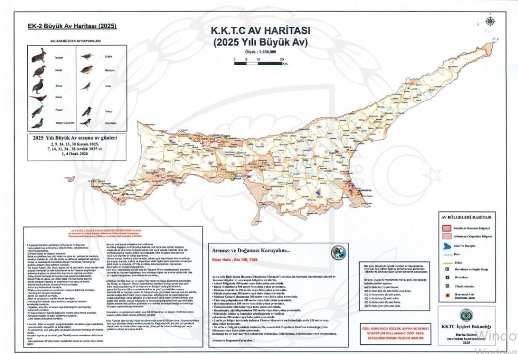 KKTC’de “Büyük Av” Sezonu Başlıyor: 11 Tür Avlanabilecek, 15 Bölge Koruma Altına Alındı 1 17619880628871761908555801harita 1024x700 1