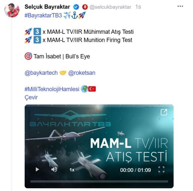 Bayraktar TB3 SİHA, ROKETSAN’ın MAM-L IIR Mühimmatı ile Hedefi Başarıyla Vurdu