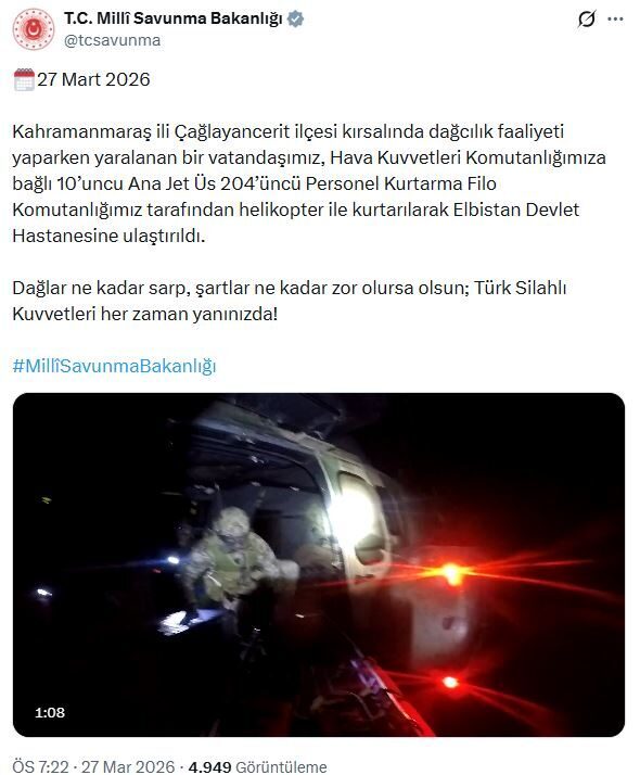 Kahramanmaraş’ta yaralanan dağcı, askeri helikopterle kurtarıldı